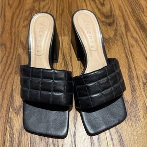 Quilted Black Leather Block Heel Slide Sandals